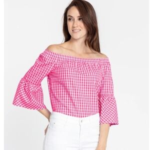 Hinson Wu Lena Off Shoulder 3/4 Sleeve Pink Gingham Off-Shoulder Top Size XS